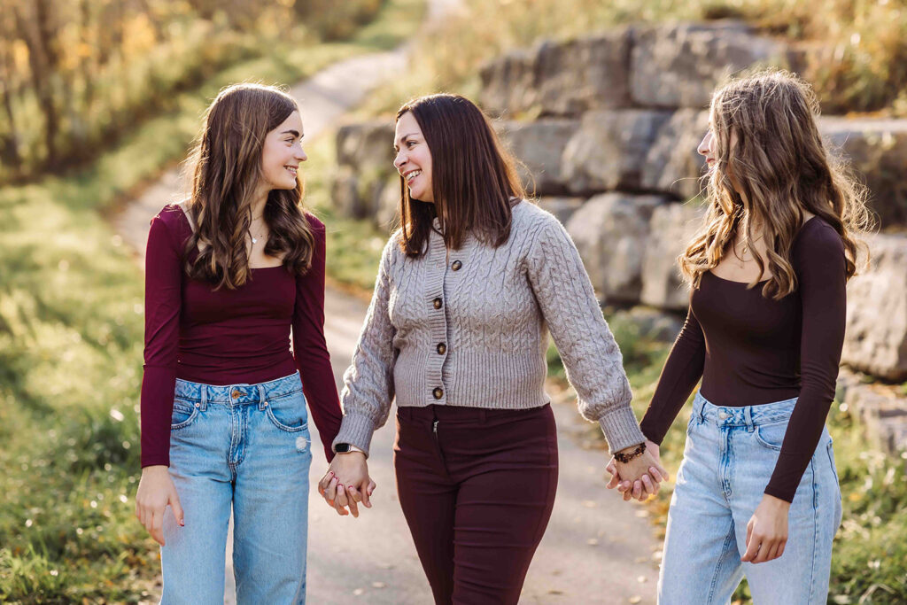girls wearing burgundy clothing for fall photoshoot