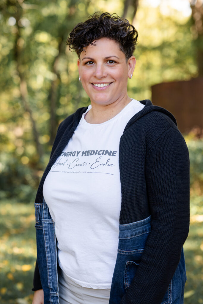 Jill smiling outdoors during her Signature Brand Session with Portraits by Kendra near KW, showcasing her warm and grounded energy.