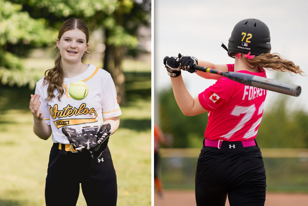Chloe, Kendra's daughter, is a youth softball player photographed during a Waterloo Select softball session by Portraits by Kendra.
