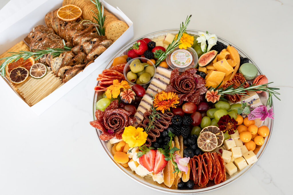 A charcuterie grazing tray created by Marycuterie and photographed by Portraits by Kendra during a branding photoshoot in Kitchener-Waterloo