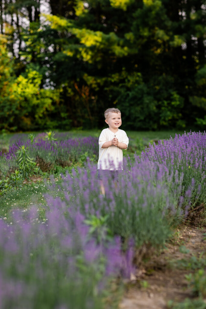 Photo of a little boy standing in a lavender field taken by Portraits by Kendra Photography in Kitchener-Waterloo during her Golden Hour in the Lavender Felds Limited Edition Session