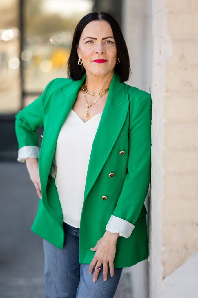 Modern LinkedIn Headshot of woman standing outside photographed in Kitchener-Waterloo  by Portraits by Kendra