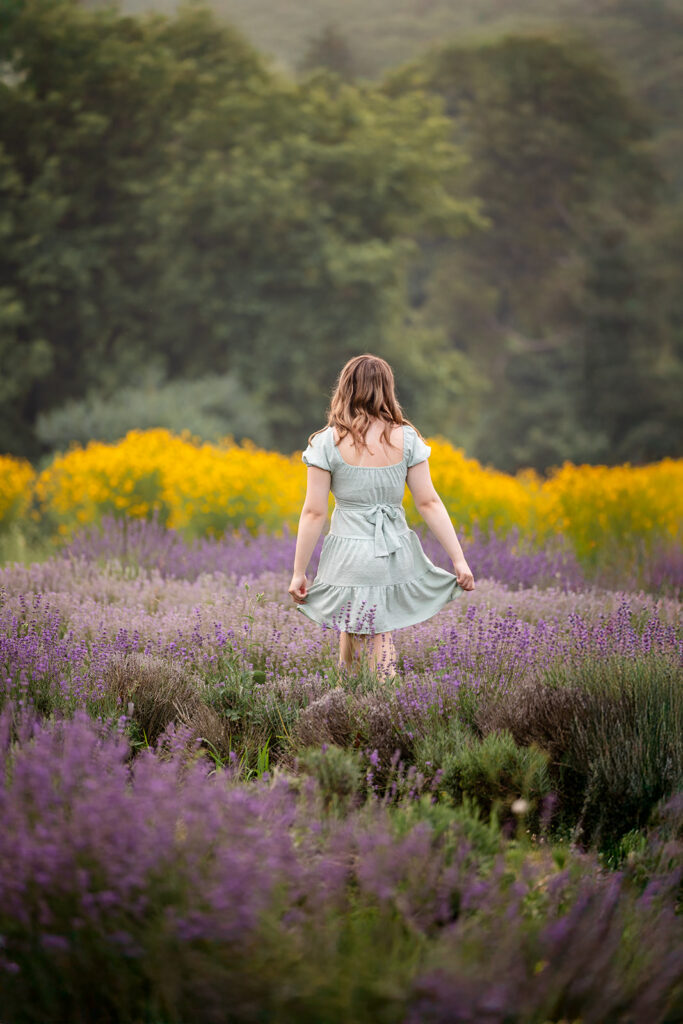 Birthday portrait session at a lavender farm in Ayr, Ontario, golden hour natural light photography.